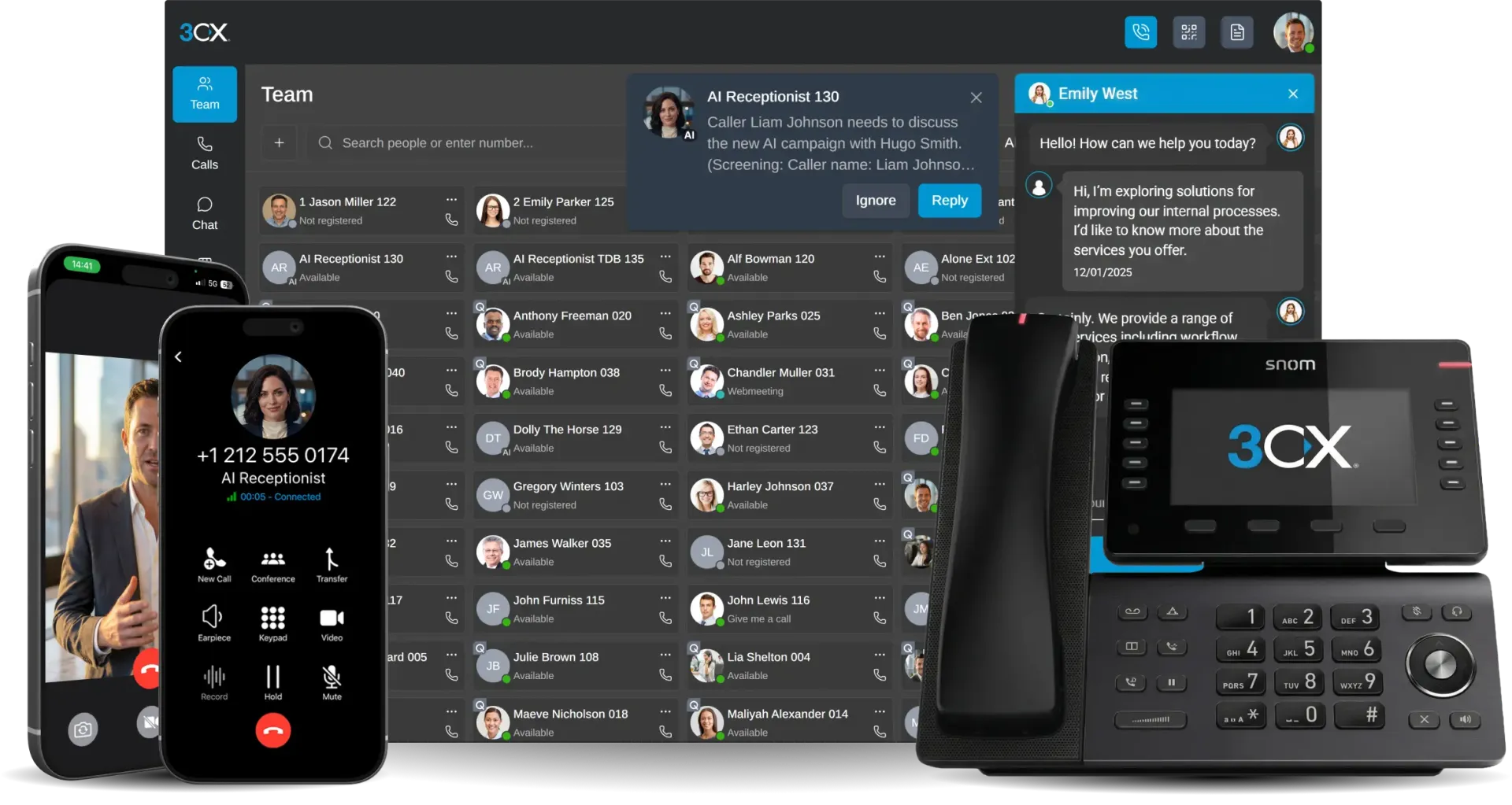 3CX Plattform — Web-Client, Mobile-App, AI-Rezeptionist und Tischtelefon